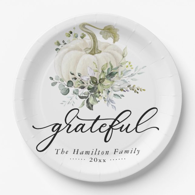 Grateful Greenery White Pumpkin Thanksgiving Paper Plates (Front)