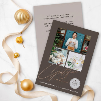 Grateful Handwrite Script 3 Photo Stylish Business Foil Holiday Card by fat_fa_tin at Zazzle