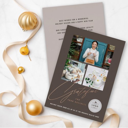 Grateful Handwrite Script 3 Photo Stylish Business Foil Holiday Card