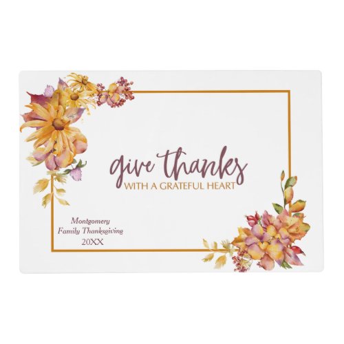 Grateful Heart Autumn Floral Frame Thanksgiving Placemat