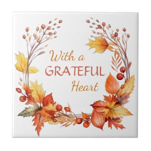 Grateful Heart Autumn Leaves Ceramic Tile