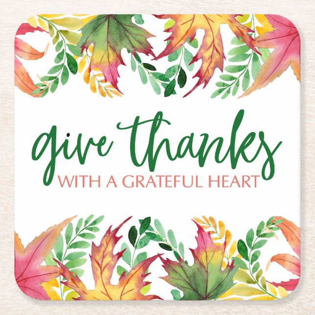 Grateful Heart Autumn Leaves Thanksgiving Border Square Paper Coaster (Front)