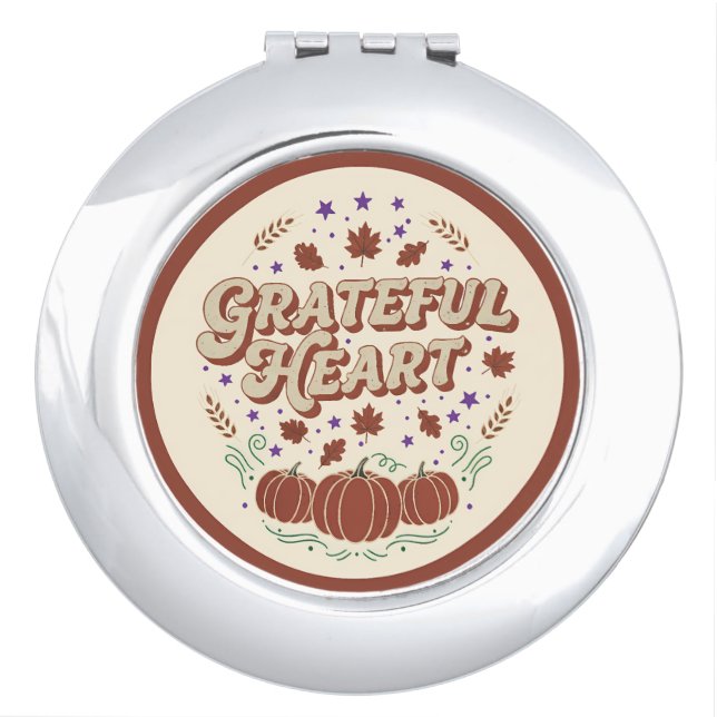 Grateful Heart Autumn Pumpkin Design Compact Mirror (Front)