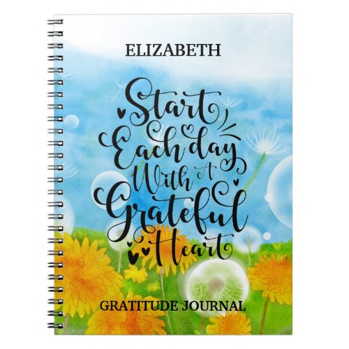 Grateful Heart Gratitude Script Quote Dandelions Notebook