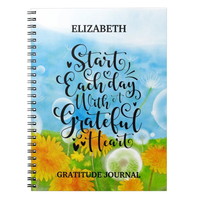 Grateful Heart Gratitude Script Quote Dandelions Notebook (Front)