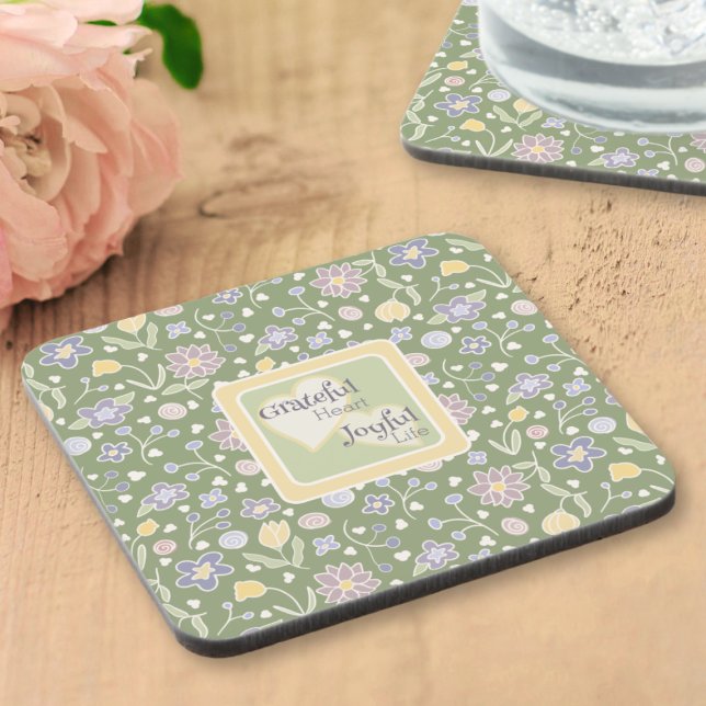 Grateful Heart Joyful Life Floral Coaster Set (Grateful Heart Joyful Life Floral Coaster Set – Cottagecore Green)