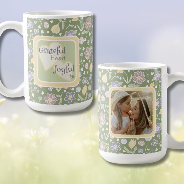 Grateful Heart Joyful Life Photo Mug (Grateful Heart Joyful Life Photo Mug – Personalized Floral Inspirational Gift)
