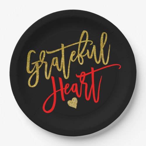 Grateful Heart Quote Gold Red Thanksgiving Black Paper Plates