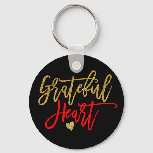 Grateful Heart Script Typography Red Gold Black Keychain
