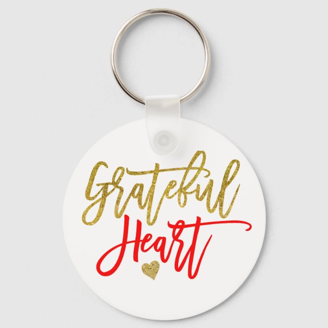Grateful Heart Script Typography Red Gold Quote Keychain (Front)