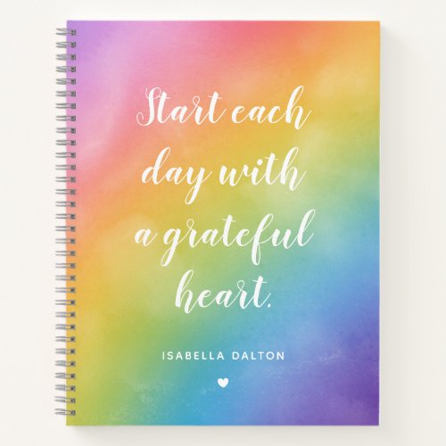 Grateful Heart Watercolor Rainbow Gratitude Quote Notebook