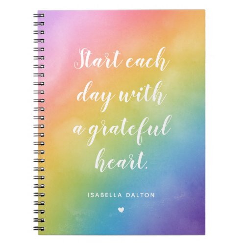 Grateful Heart Watercolor Rainbow Gratitude Quote Notebook