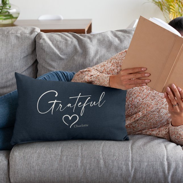 Grateful Heart | Your Name Minimal Ink Script Lumbar Pillow (Creator Uploaded)