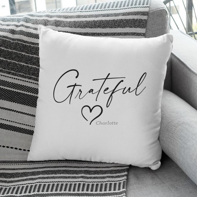 Grateful Heart | Your Name Minimal Ink Script Throw Pillow (Creator Uploaded)