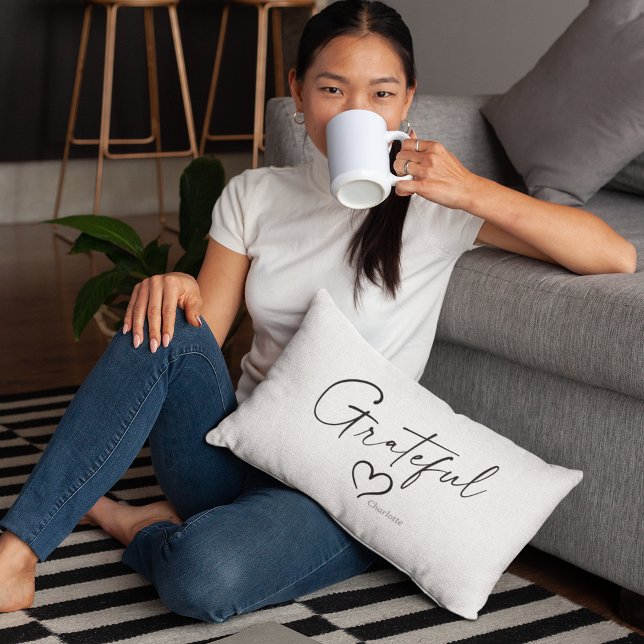 Grateful Heart | Your Name Minimal Ink Scriptt Lumbar Pillow (Creator Uploaded)