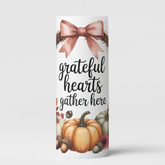 Grateful hearts gather here pumpkin Thanksgiving  Pillar Candle (Front)