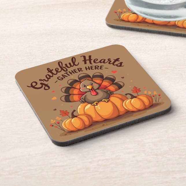 Grateful Hearts Thanksgiving Turkey Beverage Coaster (Left Side)