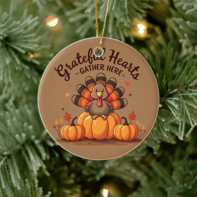 Grateful Hearts Thanksgiving Turkey Ceramic Ornament (Tree)