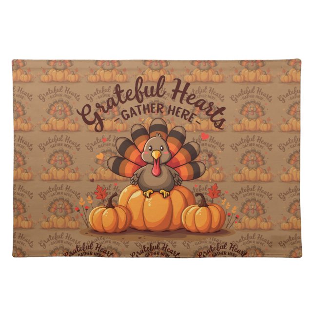 Grateful Hearts Thanksgiving Turkey Cloth Placemat (Front)