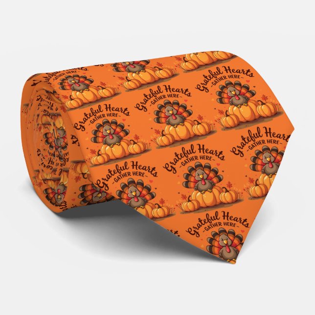 Grateful Hearts Thanksgiving Turkey Orange Neck Tie (Rolled)