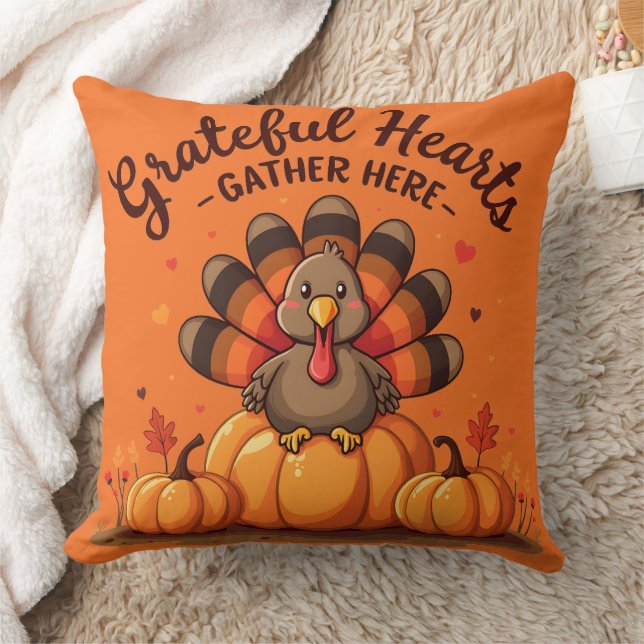 Grateful Hearts Thanksgiving Turkey Orange Throw Pillow (Blanket)