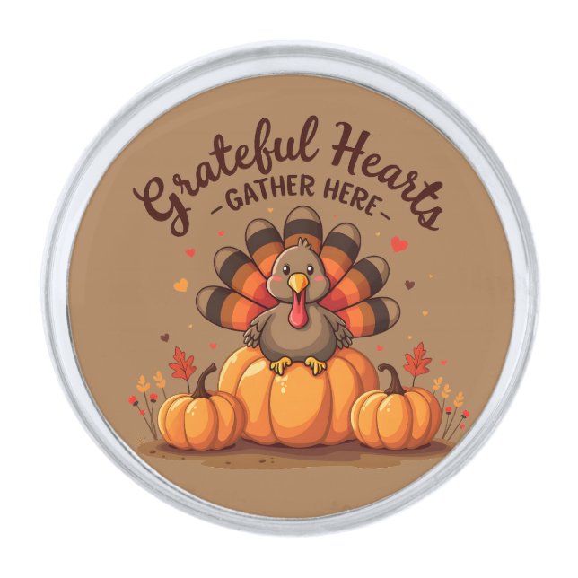 Grateful Hearts Thanksgiving Turkey Silver Finish Lapel Pin (Front)