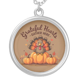 Grateful Hearts Thanksgiving Turkey Silver Plated Necklace