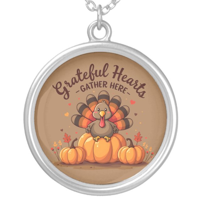 Grateful Hearts Thanksgiving Turkey Silver Plated Necklace (Front)
