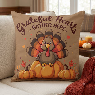 Grateful Hearts Thanksgiving Turkey Throw Pillow