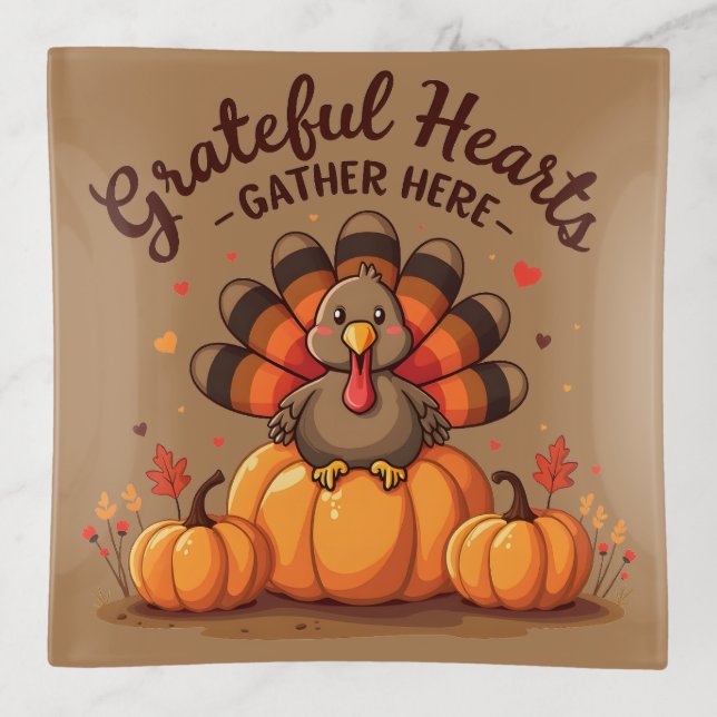 Grateful Hearts Thanksgiving Turkey Trinket Tray (Front)