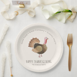 Grateful Hearts Watercolor Turkey Thanksgiving Paper Plates