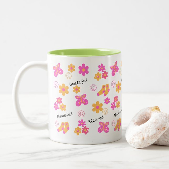 Grateful I Thankful I Blessed Fun Pink Yellow Mug (With Donut)