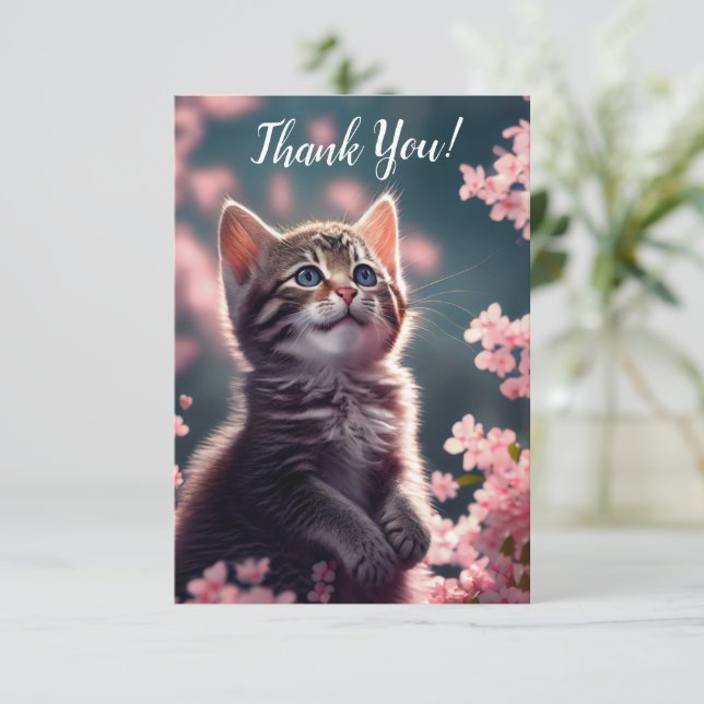 Grateful Kitten in Cherry Blossoms Thank You Card (Standing Front)