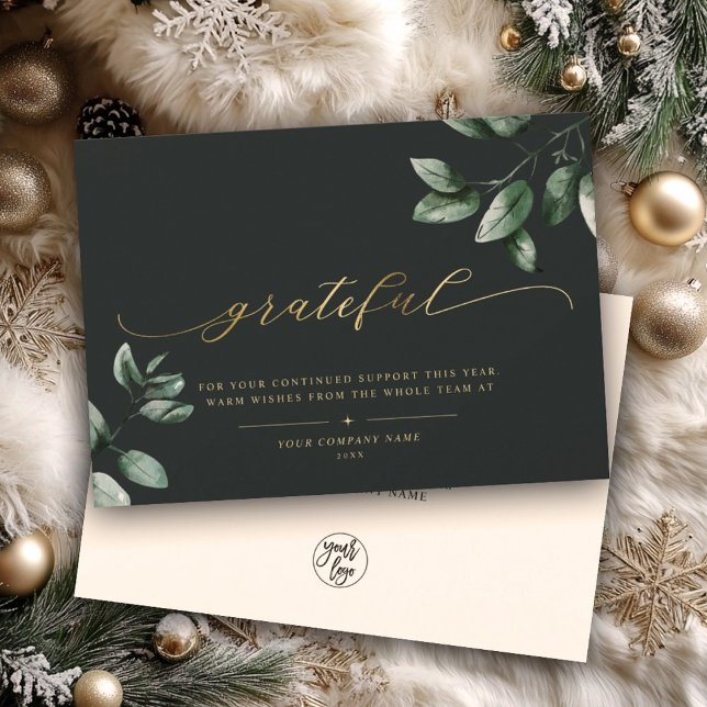 Grateful | Modern Calligraphy Eucalyptus Gold Logo Holiday Card (Creator Uploaded)