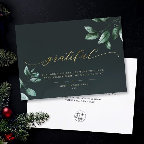 Grateful  Modern Calligraphy Eucalyptus Gold Logo Holiday Card