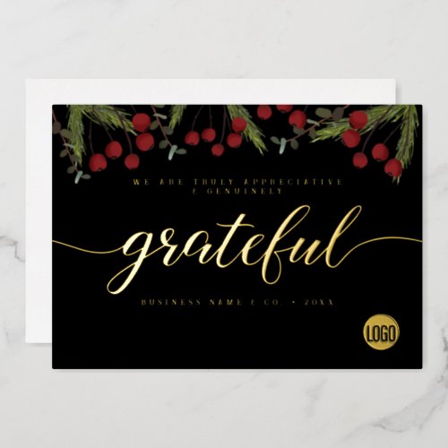 Grateful Modern Script Holly Pine business logo Foil Holiday Card