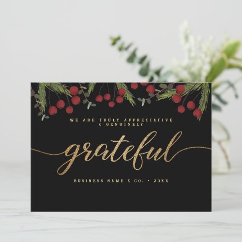 Grateful Modern Script Holly Pine business logo  Holiday Card