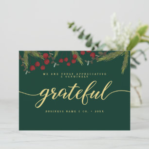 Grateful Modern Script Holly Pine business logo Holiday Card