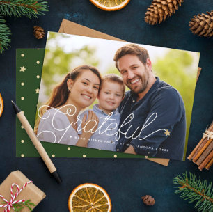 Grateful Modern Script Photo Gold Star Holiday Card