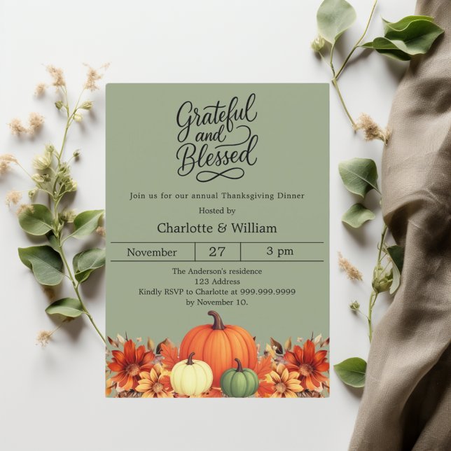 Grateful muted moss green pumpkin Thanksgiving Invitation (Creator Uploaded)