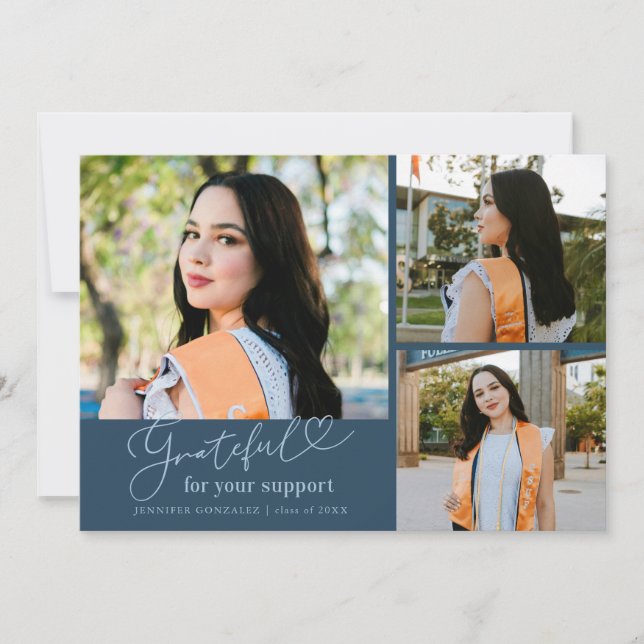 Grateful Navy Blue Multi Photo Graduation Announcement (Front)