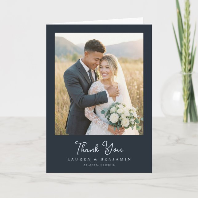 Grateful Navy Photo Letterpress Thank You Card (Front)