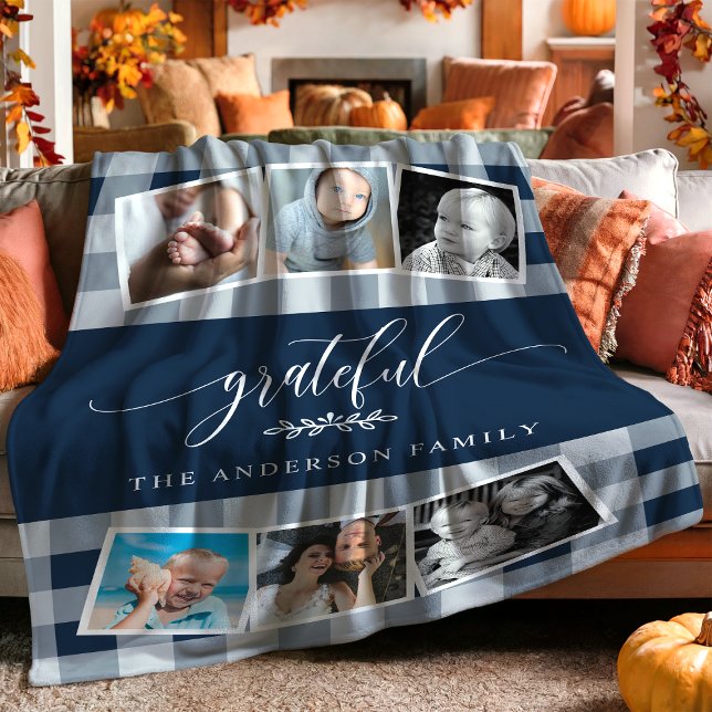 Grateful Navy Plaid Fall Family 6 Photo Collage Fleece Blanket (Creator Uploaded)