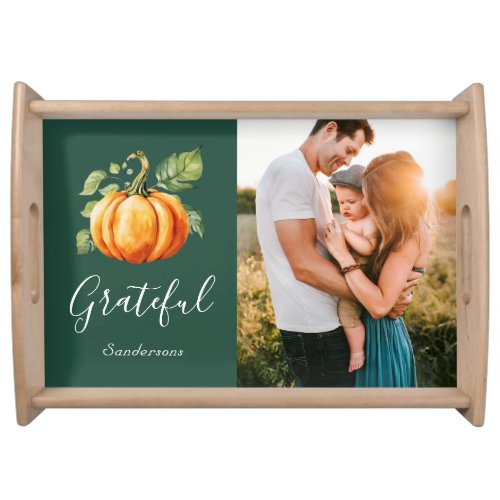   Grateful orange pumpkin green family photo Serving Tray