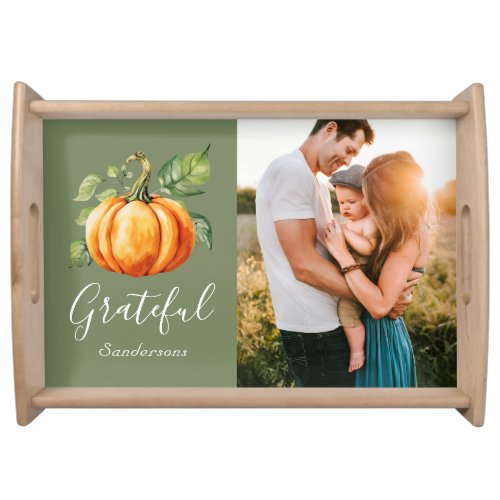  Grateful orange pumpkin moss green family photo Serving Tray