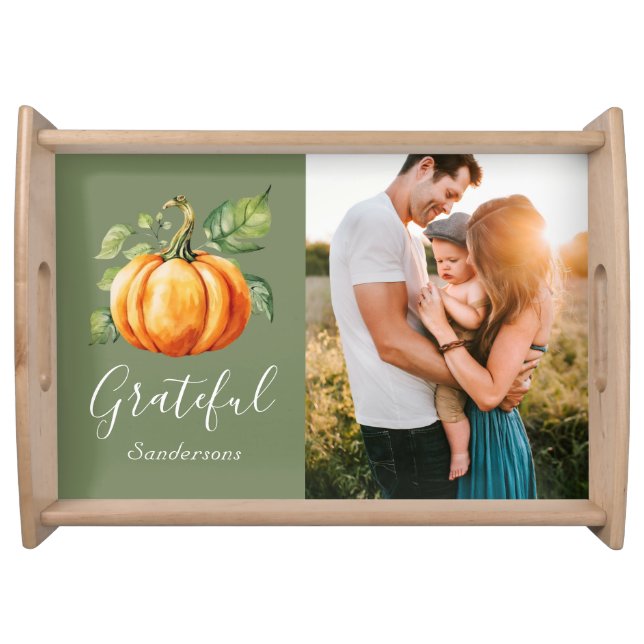  Grateful orange pumpkin moss green family photo Serving Tray (Front)
