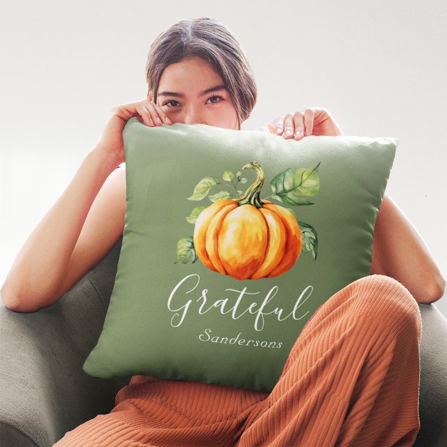 Grateful Orange Pumpkin Moss Green Personalized Throw Pillow (Creator Uploaded)
