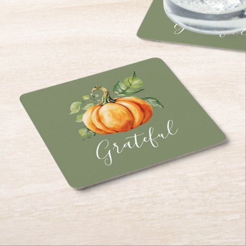 Grateful Orange Pumpkin Moss Green Thanksgiving Square Paper Coaster