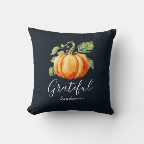 Grateful Orange Pumpkin Navy Personalized Throw Pillow