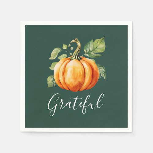 Grateful Orange Pumpkin Thanksgiving Dark Green Napkins